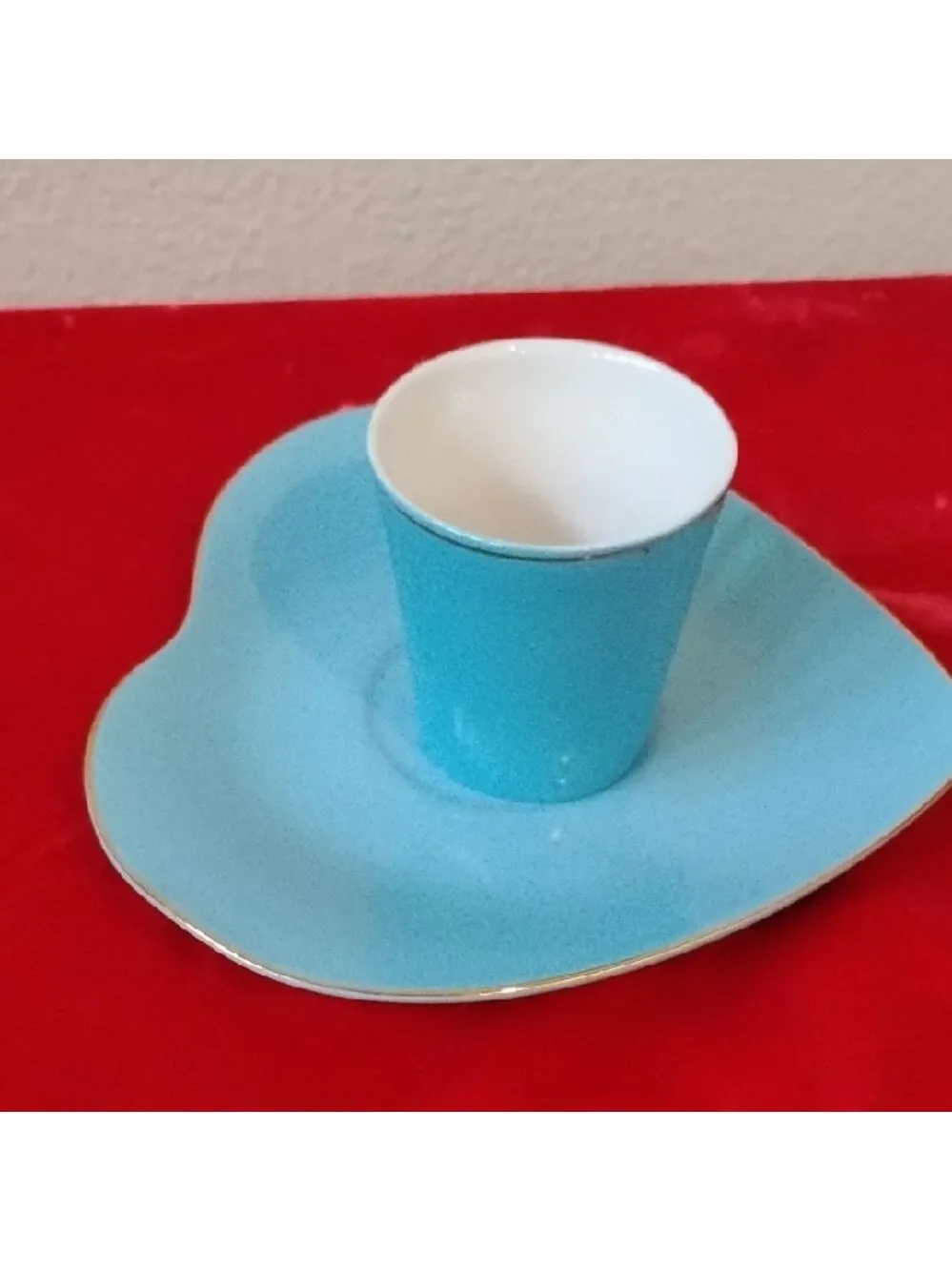 D- NWOT Blue Heart-Shaped Cup and Saucer Set